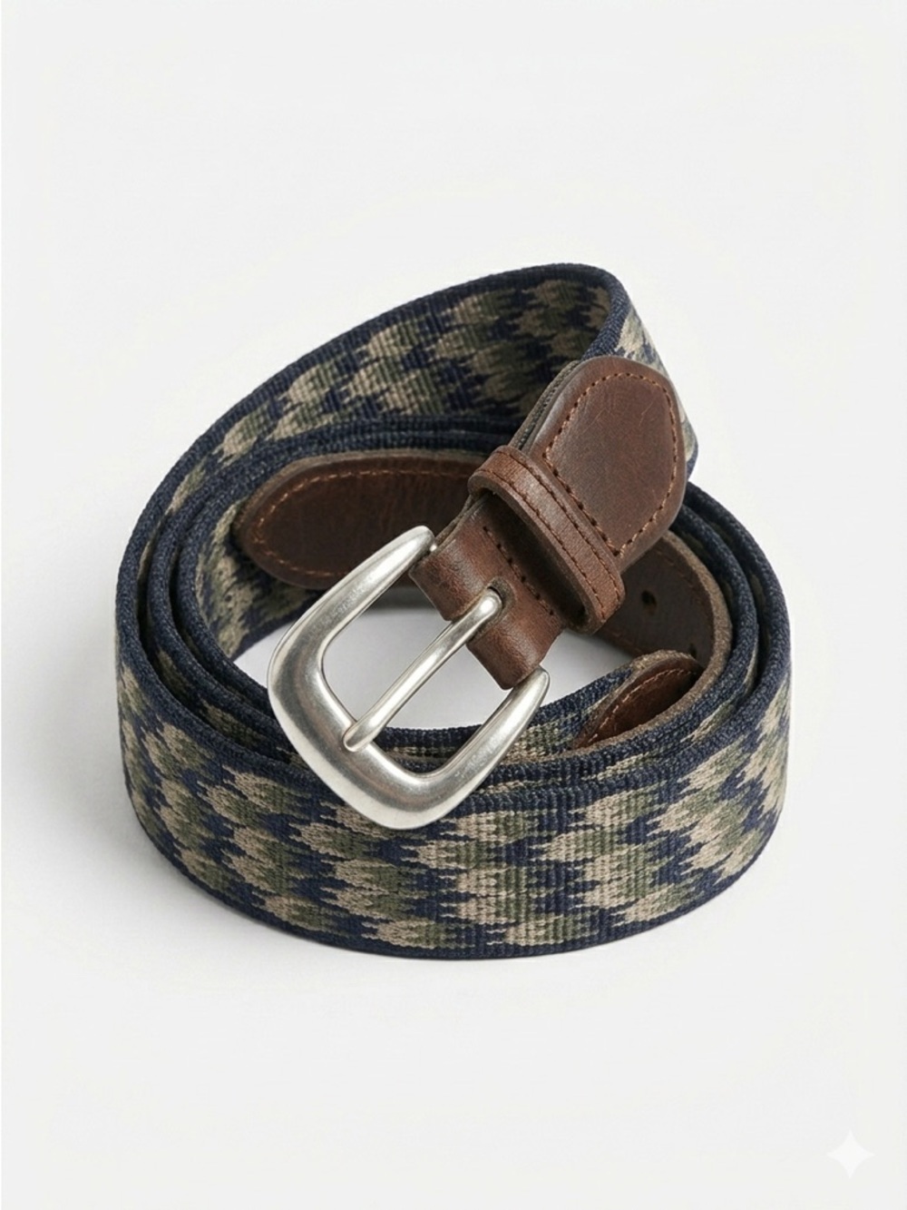 BISON DESIGNS Woven Web Belt Leather Trim Geometric Navy Olive Size 38